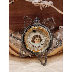 Antique glass ornament, reflector with wire and tinsel, h: 8 cm.