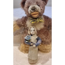 Antique ornament, antique bisquit doll with crepe and cotton clothes, h: 11,5 cm., h: