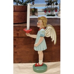 Antik engel i træ med lys, h: 26 cm.