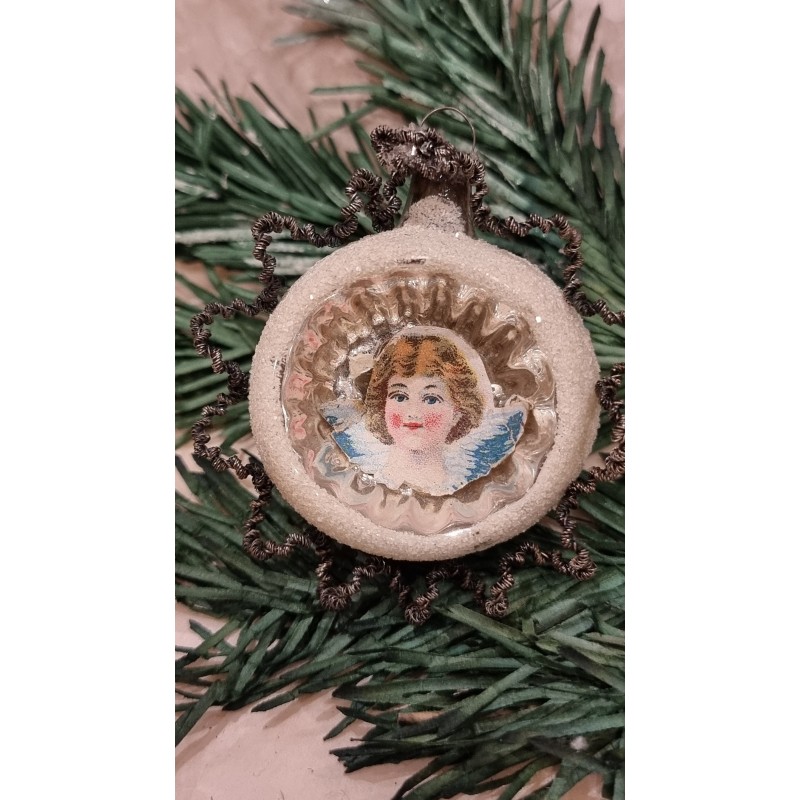 Antik reflektor med glansbillede/engel, h: 6 cm.