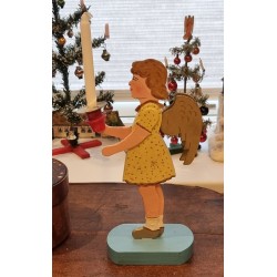 Antik engel i træ med lys, h: 26 cm.