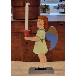 Antik engel i træ med lys, h: 24 cm.