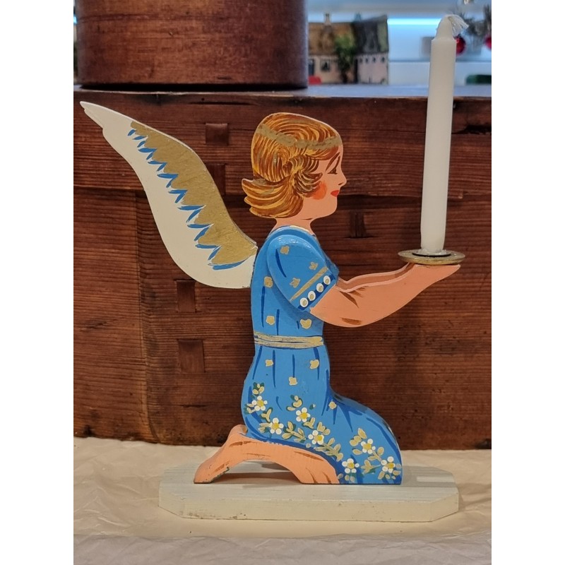 Antik engel i træ med lys, h: 20 cm.