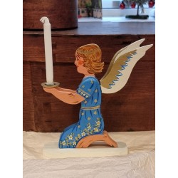 Antik engel i træ med lys, h: 20 cm.