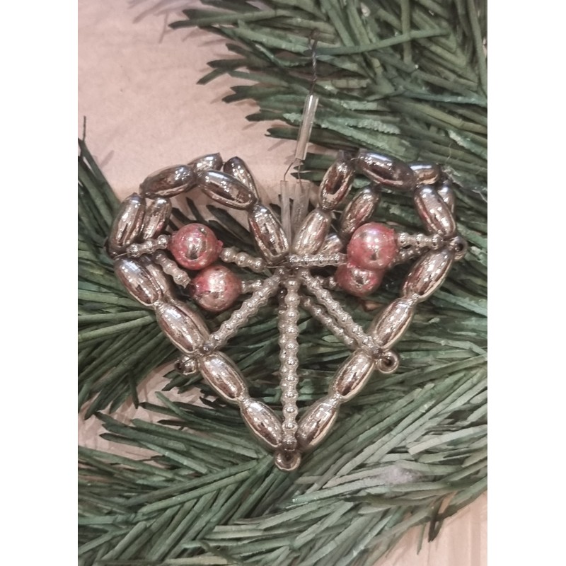 Old glass pearl ornament, Gablonz, heart, h: 6,5 cm.