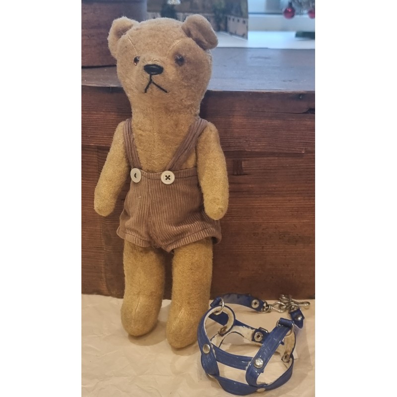 Lille antik bamse med sele og bukser, h: 25 cm.