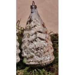 Antikt glaspynt, sølv/sne, juletræ med julemandshoved, h: 7,5 cm.