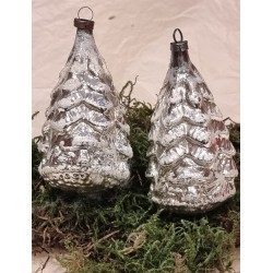 Antikt glaspynt, sølv/sne, juletræ med julemandshoved, h: 7,5 cm.