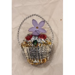 Old glass ornament, flower basket with wire and chenille hanger, h: 7 cm.