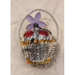 Old glass ornament, flower basket with wire and chenille hanger, h: 7 cm.