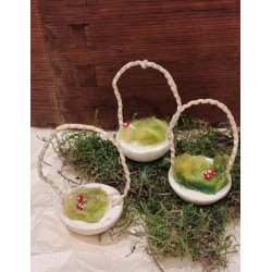Old cotton ornament, basket with mushrooms, h: 8,5 cm.
