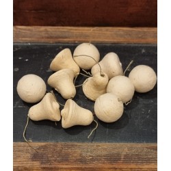 Old cotton ornament, 5 snowballs og 5 bells, h: 2,5 cm. (10stk)