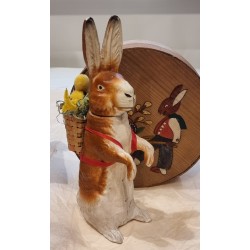 Antique candycontainer, rabbit/bunny with basket, papier-mache, h: 23 cm.
