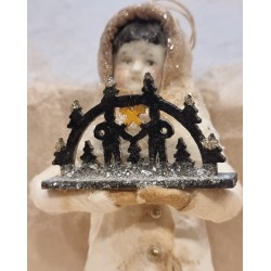 Cotton ornament, doll with antique bisquit head and Schwibbogen, h: 13 cm.