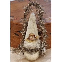 Antique tinsel-, cotton and glass ornament with angel, h: 11 cm.