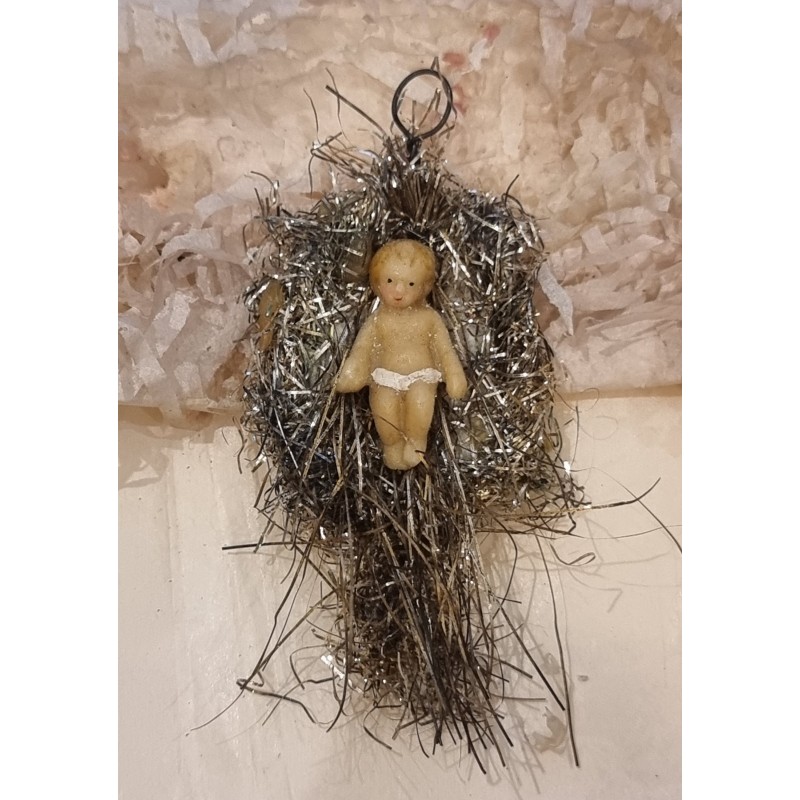 Antikt tinsel pynt med Jesus barn, voks, h: 7,5 cm.