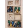 Små gamle orig. kasser (4x) med glas julemænd/gelatine farver, mål: 6,5x4cm(kasse) 4cm (julemand)