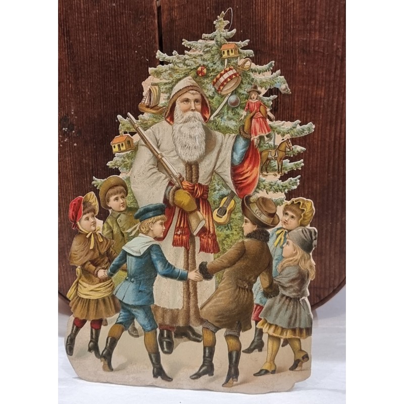 Tall antique scrap/cardboard, Santa and children from 1880, h: 25 cm.