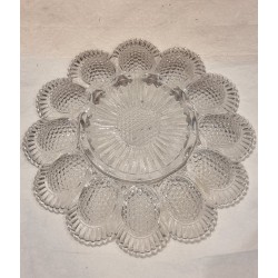 Old pressed glass, egg platter for 12 eggs, Ø: 24 cm.