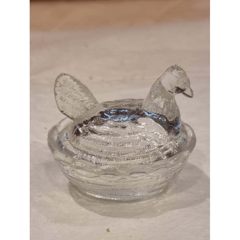 Gammelt presseglas, saltkar, høne, mål: 5,5 x 6 cm.