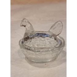 Gammelt presseglas, saltkar, høne, mål: 5,5 x 6 cm.