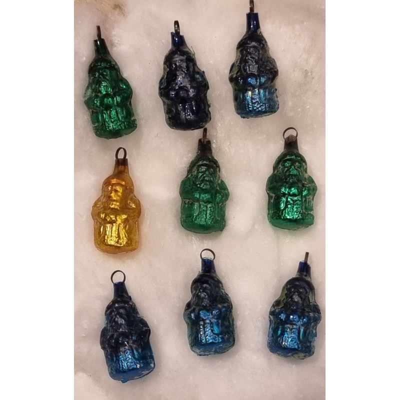 9 Små gamle orig. glas julemænd/gelatine farver, h: 4cm.