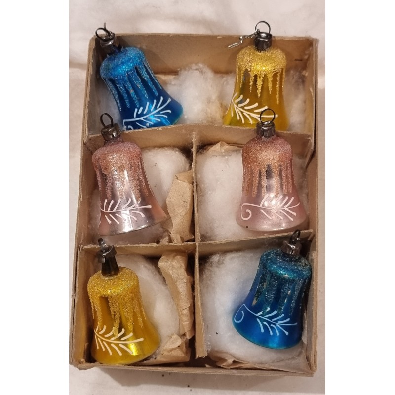 Kasse gammelt glaspynt, pastel farvede klokker med dekoration, h: 5 cm.