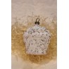 Old glass ornament, unversilvered, flower basket, pink with "broken glass", h: 5,5 cm.