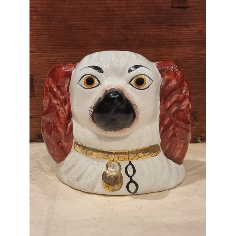 Antique piggy bank in faience, dog, h: 11 cm.