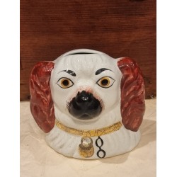 Antique piggy bank in faience, dog, h: 11 cm.