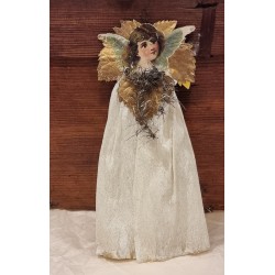 Gammelt tinsel/crepe pynt, engle hoved på blad, h: 18 cm.
