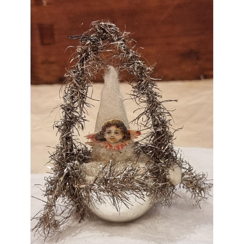 Antik tinsel-, vat- og glas pynt med engel, h: 13 cm.