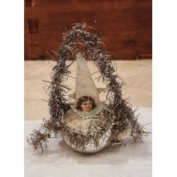 Antik tinsel-, vat- og glas pynt med engel, h: 13 cm.