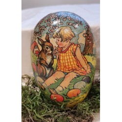 Antique cardboard Easter egg, girl and bunny, h: 11 cm.
