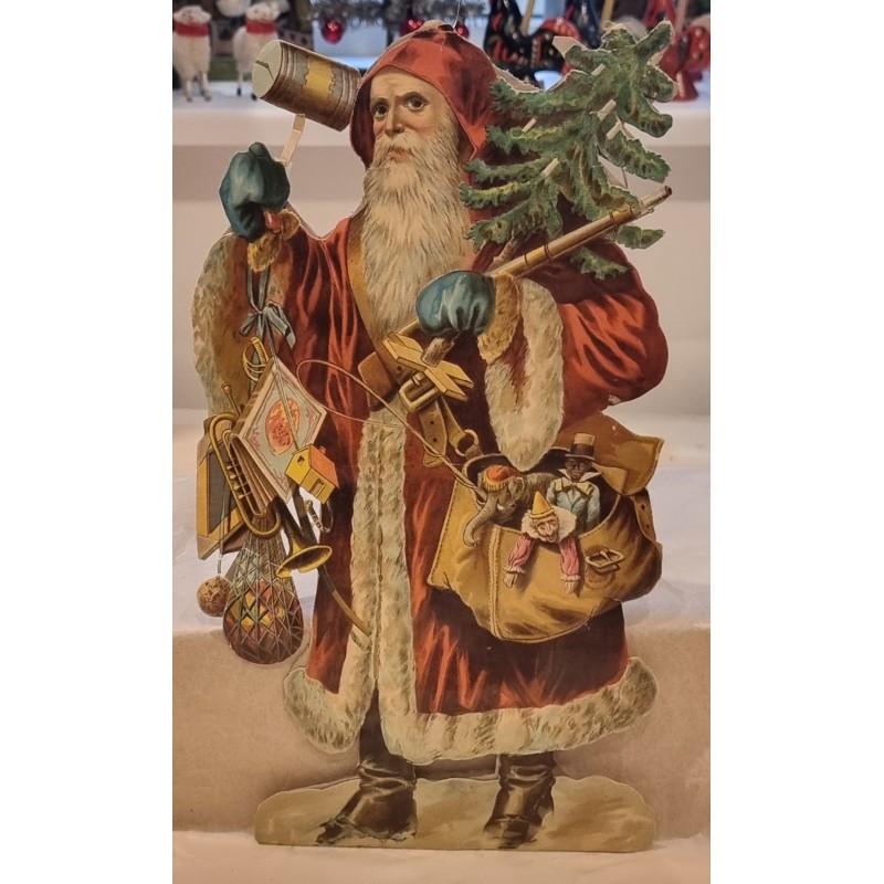 Stort, antikt glansbillede/pap fra 1880, Julemand med gaver, h: 31 cm.