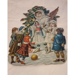 Stort Antikt glansbillede/pap fra 1880, vinter engel og børn, h: 32 cm.