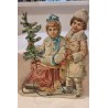 Antikt glansbillede/pap fra 1880, børn på kælk, h: 15 cm, b: 12,5 cm.