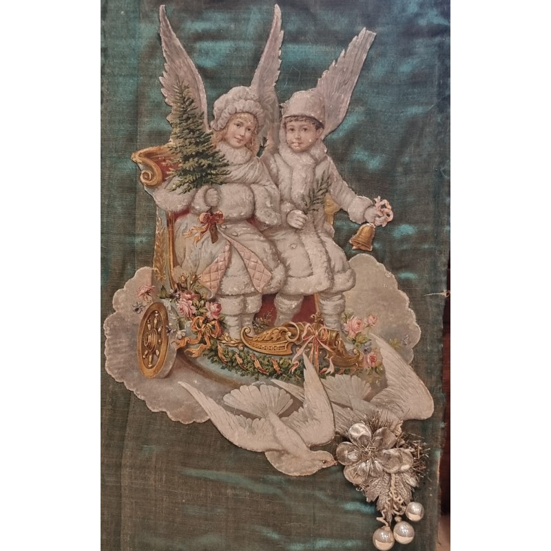 Stort Antikt glansbillede/pap fra 1880, engle, h: 32 cm.
