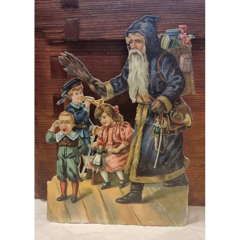 Antikt glansbillede/pap fra 1880, julemand, blå, h: 16,5 cm.
