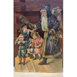 Antikt glansbillede/pap fra 1880, julemand, blå, h: 16,5 cm.