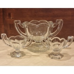 Old pressed glass, 2 salt cellar + 1 sugar bowl, h: 6 - 9 cm.