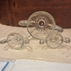 Old pressed glass, 2 salt cellar + 1 sugar bowl, h: 6 - 9 cm.
