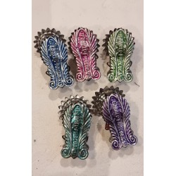 5 antique candleholders, coloured, size: 3 x 6 cm.