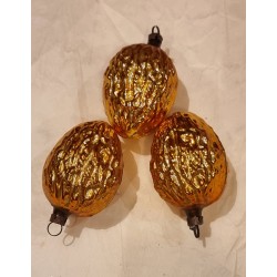 Old glass ornament, 3 tall golden walnuts, h: 6 cm. (3x)