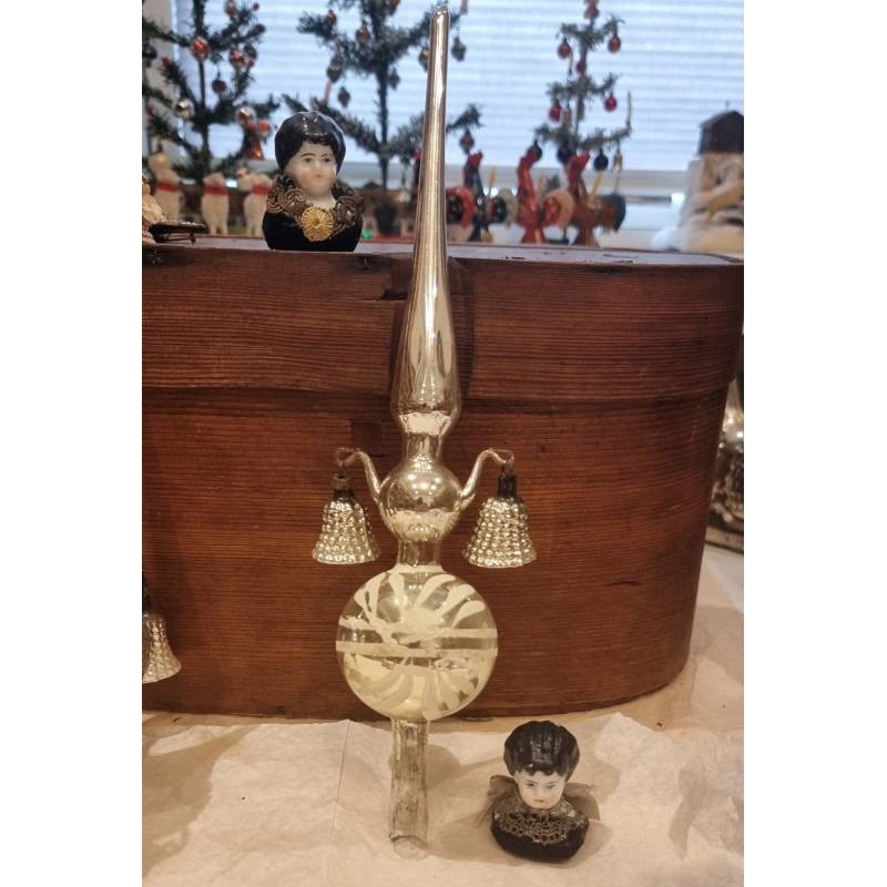 Antique glass ornament, tree top with 2 bells, h: 30 cm.
