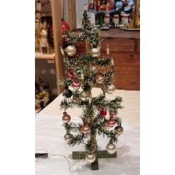Old christmas tree, paper, with lights and pink and silver ornaments, h: 36 cm.
