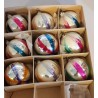 Box with old glass ornament, 9 multicolored ornaments with snow, h: 6 cm.