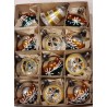Box with old glass ornaments, reflectors and ornaments with pattern, h: 4,5 - 5,5 cm.