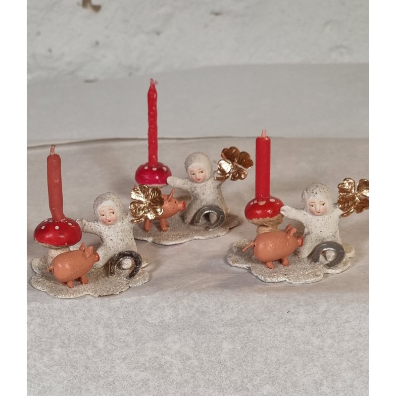 Old New Years ornaments, snow children with candleholder, pig and four-leaf clover, size: 5,5 x 5,5 cm. (3x)