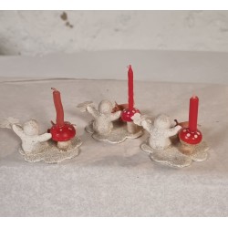 Old New Years ornaments, snow children with candleholder, pig and four-leaf clover, size: 5,5 x 5,5 cm. (3x)